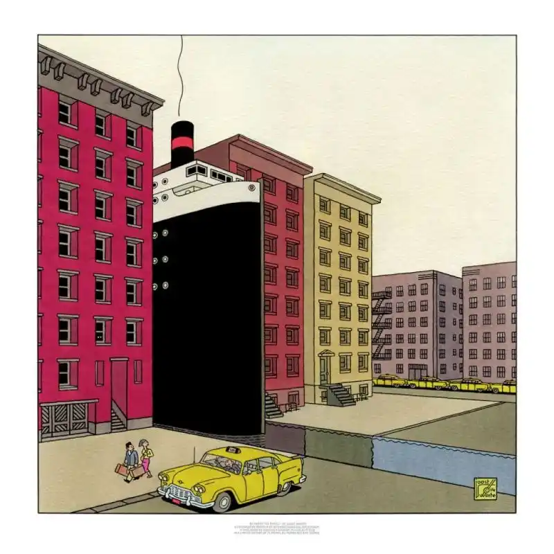 Ilustración de Joost Swarte de una escena urbana con edificios de colores, un gran transatlántico y un taxi amarillo